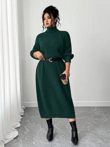 SHEIN Tall CURVE Plus Size Casual Turtleneck Raglan Sleeve Sweater Dress - Dark Green - View 1