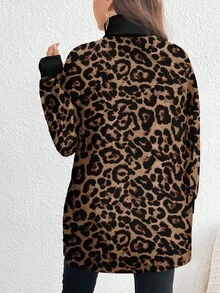 EMERY ROSE 复古豹纹印花休闲简约大码高领长款T恤，春秋 - 彩色 - 查看 2