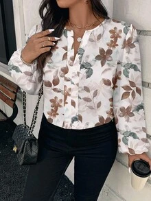 EMERY ROSE Camisa de talla grande con estampado floral acuarela elegante, adecuada para el otoño