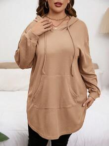 SHEIN LUNE 大码女式休闲日常通勤简约纯色华夫格面料落肩宽松口袋抽绳卫衣，春/秋/冬 - 駝色 - 查看 5