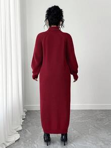 SHEIN Tall CURVE Plus Size Casual Turtleneck Raglan Sleeve Sweater Dress - Red - View 3