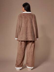 Lazeform Plus Size Women Flannel Long Sleeve Top And Pants Pajama Set Brown Pajama Set Brown Pj Set Comfy Pajamas Set Lounge Wear Set Cozy Sets Women Outfit, Fall/Winter Clothes, Fluffy - Khaki - View 2