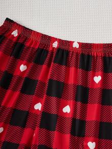 Tween Girl Good Night Graphic & Heart Plaid Pattern Cute Casual Sleepwear Pajamas Set, Comfortable Long Sleeve Top And Pants, Christmas - Red - View 5