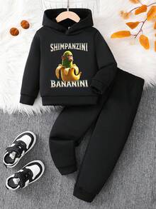 GraphicGems 2pcs Young Boy Black Hoodie Set, Gorilla & Banana Cartoon Graphic Print Casual Hoodie And Pants Outfit, Autumn/Winter Kids Outfits Sweatpants And Sweatshirts Fashionable Boy Clothes Boys Autumn Winter Casual Two Piece Set Boys Hip Hop Clothing Boy Kids Sweat Pants And Hoodie - Black - View 2