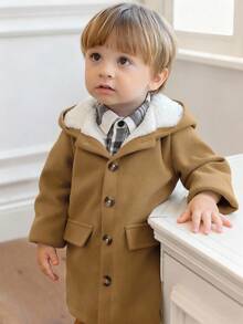 Souflis Souflis Baby Boy Minimalist Wool Blend Hooded Trench Coat With Thermal Lining, Autumn/Winter Baby Boy Coats Brown Baby Boy Outfit Coat Brown Vintage Baby Boy Clothes Baby Boy Korean Style Jackets