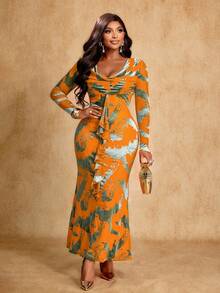 Brilight Vestido elegante de dama con material AB con cuello de empalme para otoño e invierno, con cintas en la parte delantera, y vestido de fiesta de terciopelo con planchado suave. - Amarillo - Ver 4