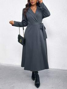 EMERY ROSE 大码女式纯色西装外套领子+束腰蝴蝶结复古优雅通勤派对日常秋冬连衣裙 - 灰色 - 查看 5