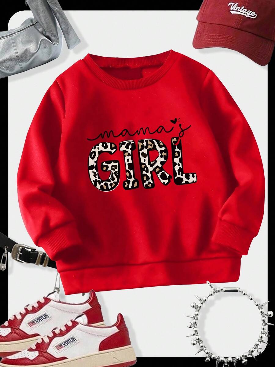 SHEIN 年轻女孩豹纹字母印花长袖休闲圆领运动衫,秋冬 - 紅色 - 查看 1