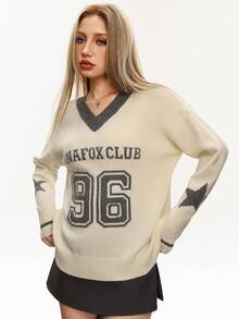 Rina Fox Women's Casual Commuting Fashion Street College Style Numeric, Letter & Star Pattern V-Neck Dropped Shoulder Loose Pullover Sweater, Autumn/Winter - White - View 4