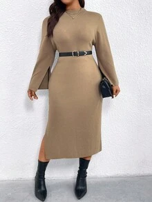 SHEIN Clasi 加大码纯色合身开衩下摆优雅长袖毛衣裙 - 駝色 - 查看 1