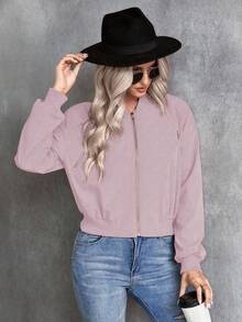 EMERY ROSE Women's Solid Color Long Sleeve Zip-Up Casual Baseball Jacket, Autumn - Dusty Purple - View 5