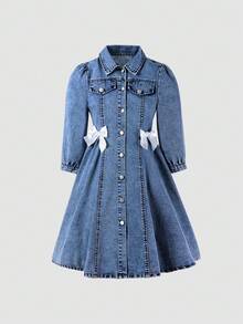 Genkimix Kids Denimly Tween Girls Vintage Casual Urban Preppy Cute Sweet 3/4 Sleeve Dress With Front Center Hand-Sewn White Bow Fall Winter