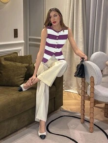 Chiquease Young Fashionable Minimalist French Style Daily Commute Vacation Black & White Striped Round Neck Asymmetrical Metal Button Asymmetric Hem Split Front Knit Fitted Top, Versatile Rib Knit, Spring/Summer/Autumn - Purple - View 4