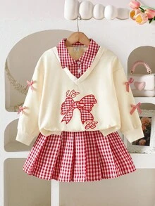 Elladie kids 2 件女童蝴蝶刺绣 + 格子拼布领运动衫和百褶裙时尚套装，百搭时尚校园风 - 紅色 - 查看 4