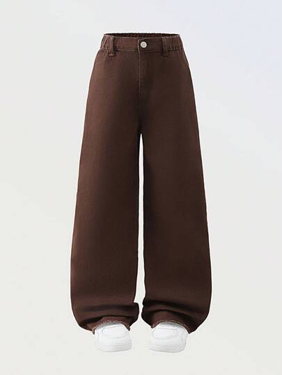 青少年女孩休闲基本款舒适优雅清新阔腿宽松纯白色牛仔裤