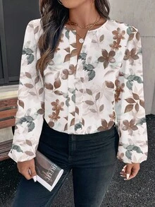 EMERY ROSE Camisa de talla grande con estampado floral acuarela elegante, adecuada para el otoño