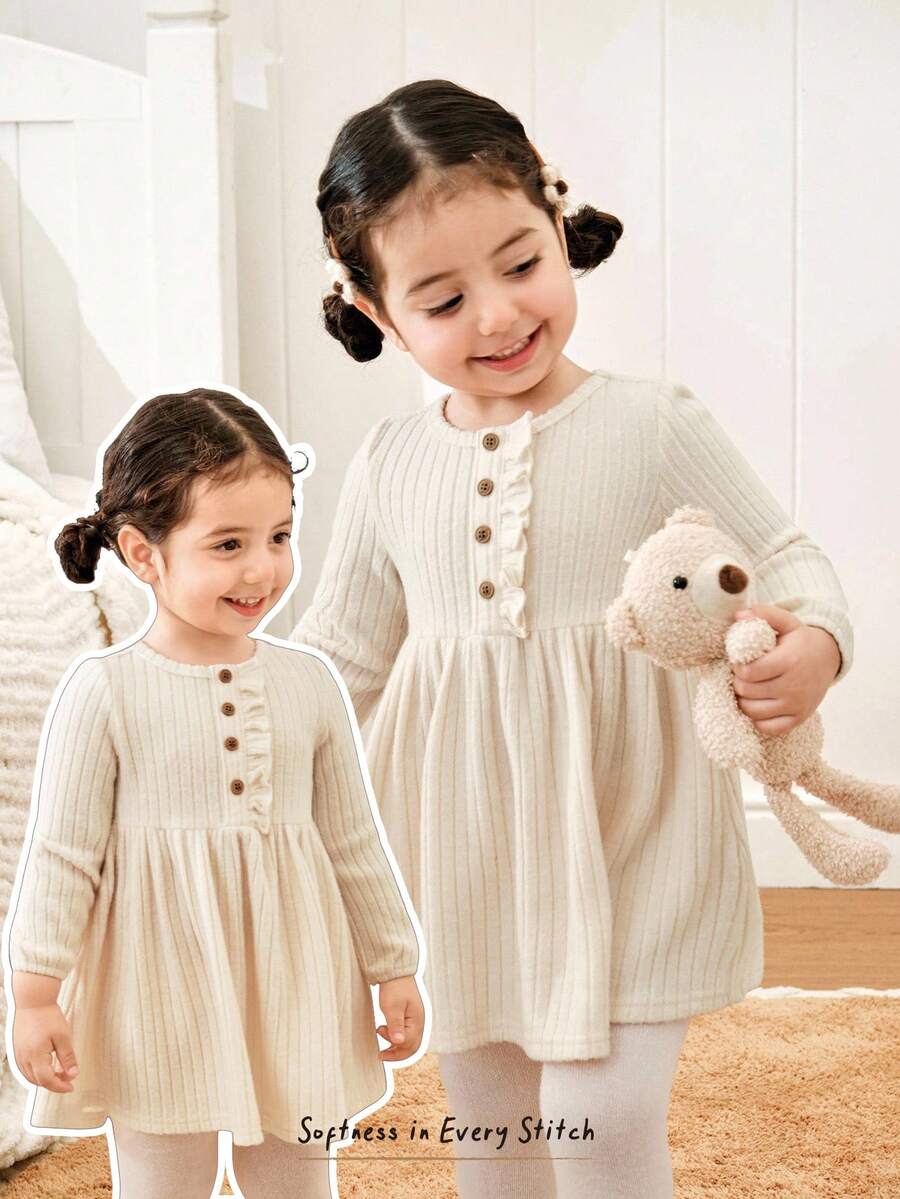 Cozy Pixies Robe longue pour bébé fille, en tricot unicolore, col rond doux, volants à l'ourlet, manches longues, taille marquée