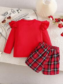 2 件年轻女孩长袖罗纹针织上衣 + 格子裙裤套装，复古韩式休闲优雅圆领 T 恤搭配 A 字裙裤，适合春秋季 - 紅色 - 查看 2