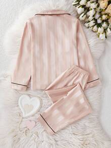 女童香槟色条纹长袖开衫和裤子两件套睡衣套装 - 彩色 - 查看 2