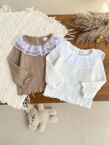 SHEIN 2 件装女婴甜美可爱时尚简约卡其色白色组合长袖圆领上衣，带领和网眼蕾丝花边，适合上学和日常穿着 - 白色 - 查看 1
