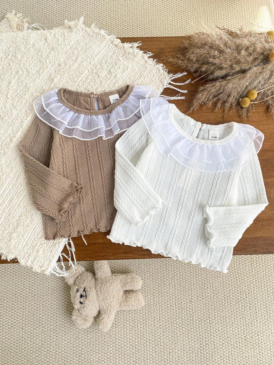 SHEIN 2 件装女婴甜美可爱时尚简约卡其色白色组合长袖圆领上衣，带领和网眼蕾丝花边，适合上学和日常穿着 - 白色 - 查看 1