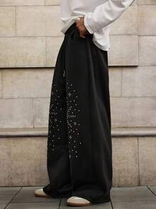 Manfinity Unisex Men's Casual Sweatpants With Rhinestone Decor, Elastic Waist, Suitable For Spring, Autumn And Winter - Black - View 3