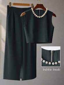 Franclia French High-Level Chic Three-Dimensional Beaded Sleeveless Tops Layered Wide-Leg Pants Trousers Summer Two Pieces Suits Ladies Summer Clothing Summer Two Pieces Suits Summer - Dark Grey - View 1