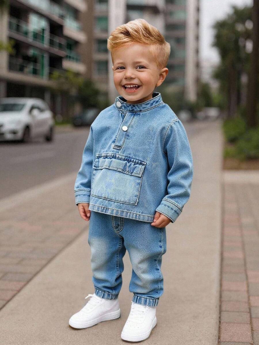 SHEIN Bubblio 2件套男童休闲立领牛仔夹克和牛仔裤套装，秋冬 - 彩色 - 查看 1