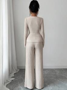 Elenzga 2pcs/Set Women's Elegant V-Neck Long Sleeve Twist Waist T-Shirt And Wide Leg Pants Set, Casual Everyday Wear, Commute, Valentine's Day, Autumn/Winter - Apricot - View 2