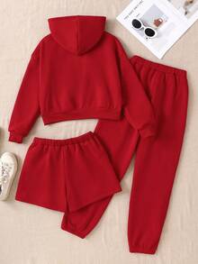 青少年女孩三件套休闲秋冬运动灰色针织连帽长袖运动衫+直筒运动裤套装，抓绒，加厚 - 紅色 - 查看 2