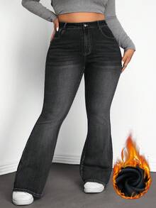 SHEIN CURVE+ Plus Size Casual Washed Slim Fit Flare Jeans - Black - View 1