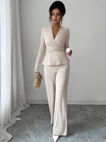 Elenzga 2pcs/Set Women's Elegant V-Neck Long Sleeve Twist Waist T-Shirt And Wide Leg Pants Set, Casual Everyday Wear, Commute, Valentine's Day, Autumn/Winter - Apricot - View 5