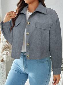 SHEIN LUNE 大码秋装女纯色简约休闲长袖夹克秋季夹克和秋季女装冬装 - 灰色 - 查看 5