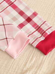 4 pièces Ensemble de pyjama de Noël ajusté pour filles, comprenant une broderie de cils, un Top et un pantalon à manches longues avec imprimé à carreaux décontracté et graphique, convient pour les préadolescentes, automne/hiver - Multicolore - Voir 8