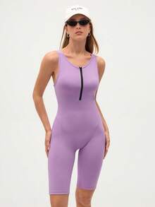 Eassivo Eassivo Women's Casual Sports Zipper Half-Zip Jumpsuit - Violet Purple - View 4