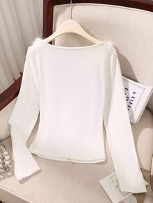 Franclia Áo thun trắng cổ thuyền viền lông gợi cảm và thanh lịch dành cho nữ, thích hợp cho các buổi hẹn hò, tiệc tùng, tụ họp, mùa thu/đông - trắng - Xem 2