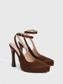 Cuccoo CUCCOO LuxiPop Zapatos de tacón alto con plataforma y punta afilada, impermeables, de tela marrón, zapatos de fiesta/boda minimalistas y cómodos con correa