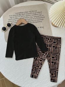Baby Girl Casual Knit Bear Print Long Sleeve Top And Geometric Pattern Leggings Set - Black - View 4