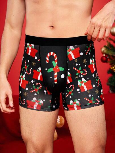 Christmas Funny Print Cartoon Quirky Santa Claus, Gift Box, Candy Cane, Bells, Snowflakes, Snowman, Family Party Men's Mid-Length Boxer Briefs