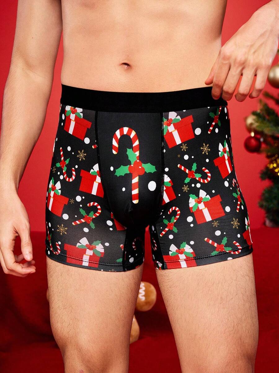 Cuecas boxer de comprimento médio para homens com estampa engraçada de Papai Noel, caixa de presente, bengala de doce, sinos, flocos de neve, boneco de neve e família em festa - Preto - Visão 1
