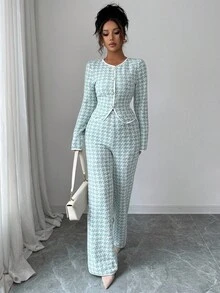 Elenzga 2 件套：时尚人字纹提花拼接优雅休闲圆领长袖 T 恤 + 直筒裤，适合返校季、春秋季 - 彩色 - 查看 5