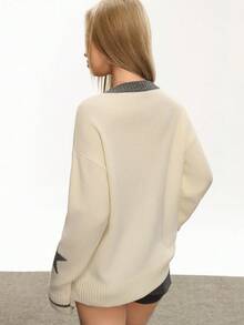 Rina Fox Women's Casual Commuting Fashion Street College Style Numeric, Letter & Star Pattern V-Neck Dropped Shoulder Loose Pullover Sweater, Autumn/Winter - White - View 6