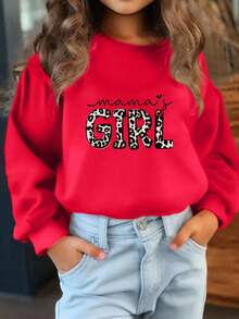 SHEIN 年轻女孩豹纹字母印花长袖休闲圆领运动衫，秋冬 - 紅色 - 查看 5