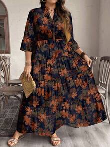 EMERY ROSE Váy dài thanh lịch họa tiết lá phong cổ điển cỡ lớn, thích hợp cho tiệc thu/đông - Nhiều màu - Xem 4