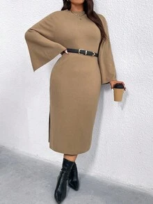 SHEIN Clasi 加大码纯色合身开衩下摆优雅长袖毛衣裙 - 駝色 - 查看 7