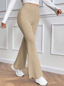 EMERY ROSE 女式休闲日常百搭紧身保暖高腰喇叭裤，松紧腰，黑色，冬季 - 米色 - 查看 5