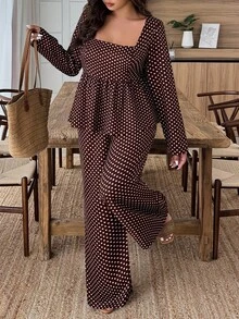 EMERY ROSE Plus Size Polka Dot Square Collar 2 Pieces Set - Multicolor - View 1