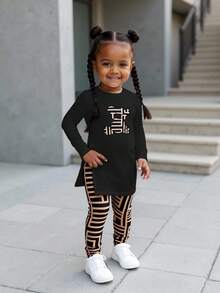 Baby Girl Casual Knit Bear Print Long Sleeve Top And Geometric Pattern Leggings Set - Black - View 5