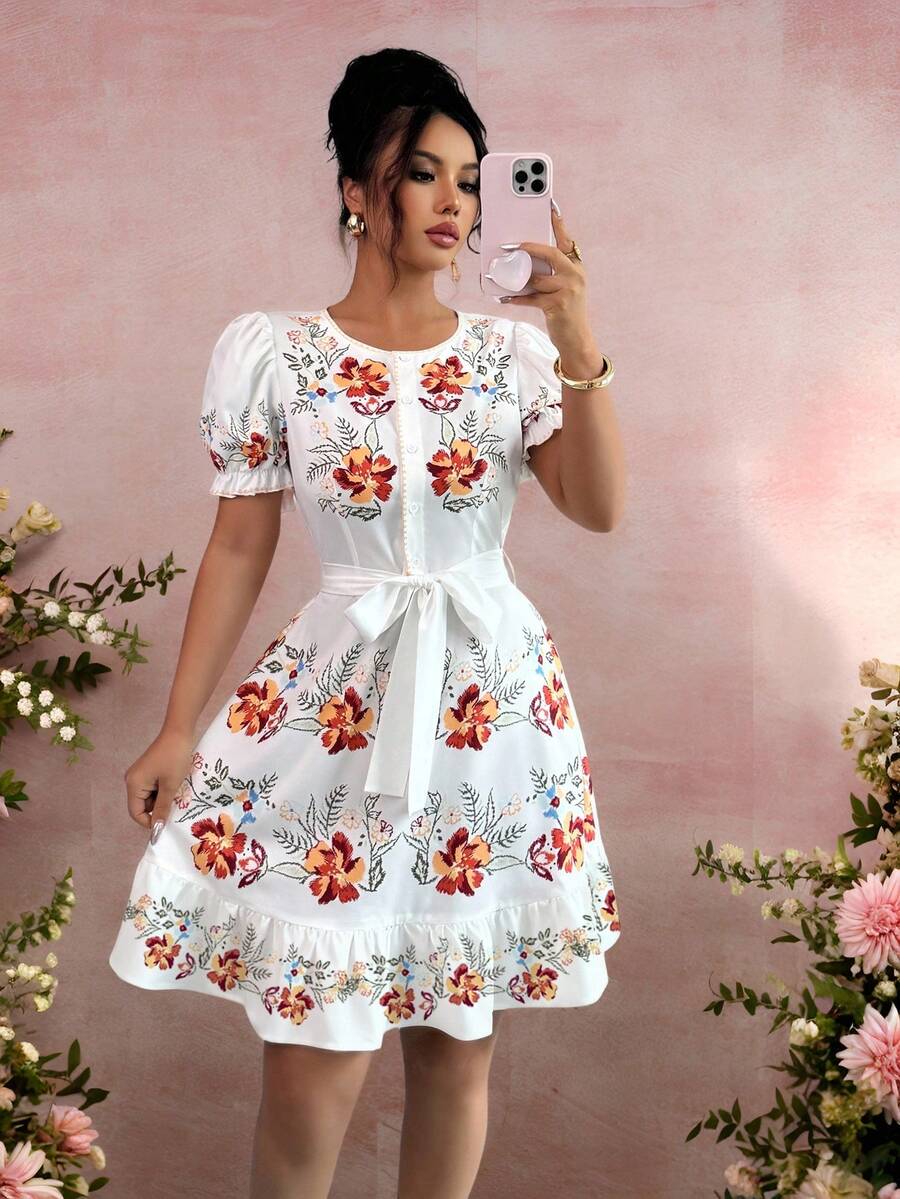 Rafferiza Summer Floral Print Casual Dress For Vacation - White - View 1