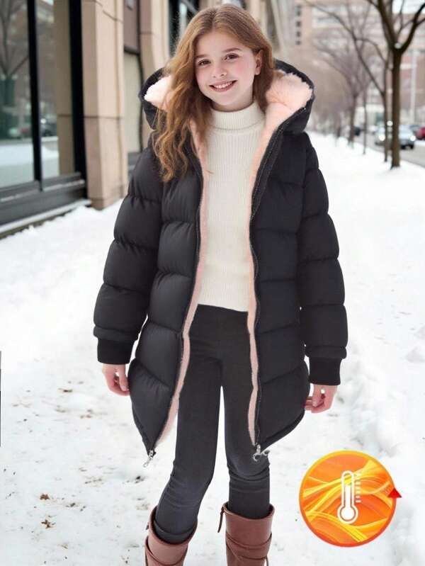 SHEIN 1pc Tween Girl Mid-Length Long Sleeve Padded Coat, Plush Lining, Comfortable And Warm, Solid Color Outerwear